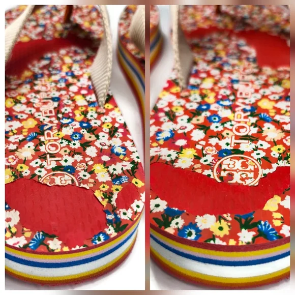 Tory Burch x Shishedo 70's Flatform Sprinkle Flowers & Rainbow Thong Flip-Flops - Picture 13 of 14